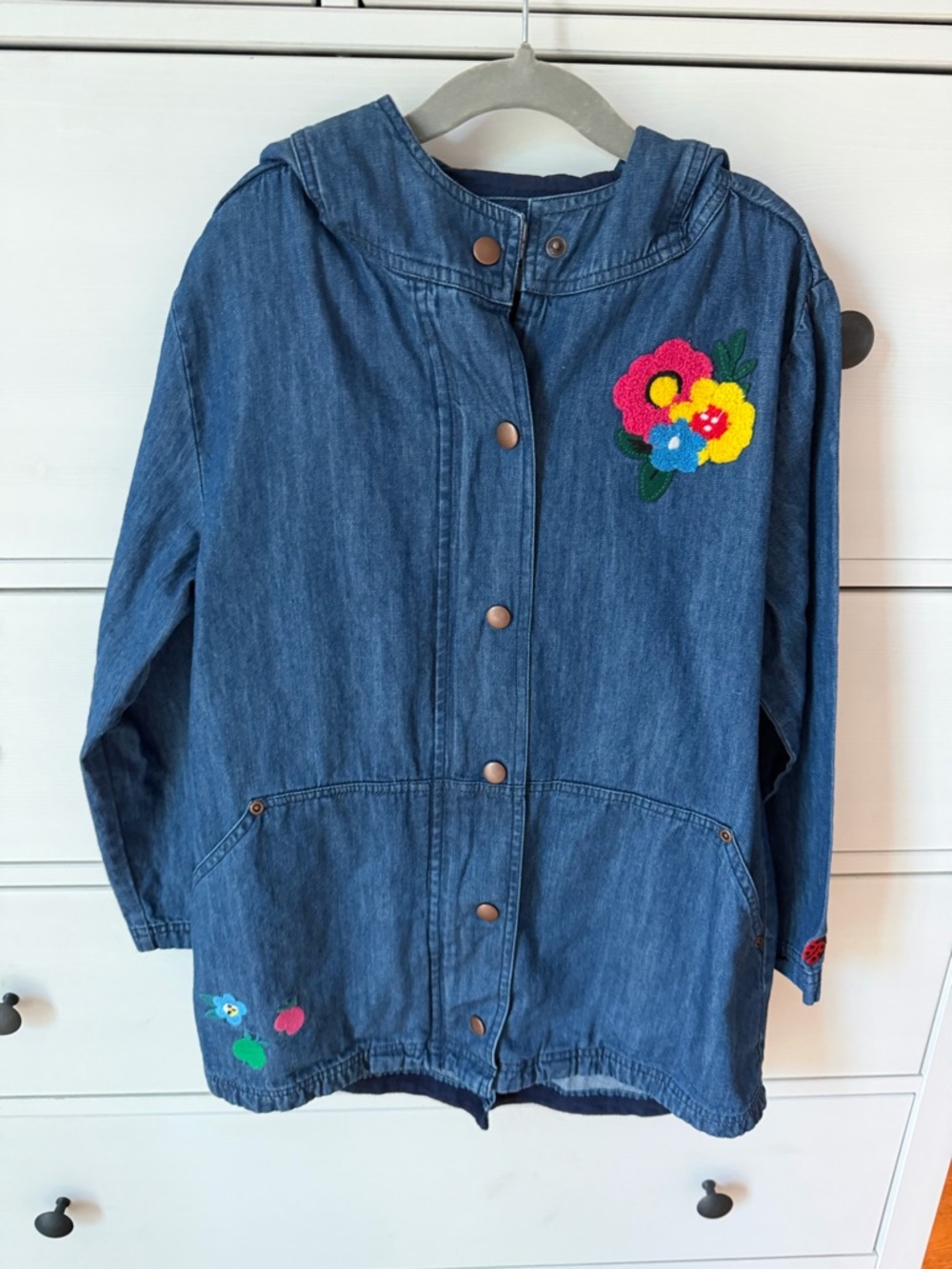 Hanna Andersson Denim Zip Up Hooded Jacket Embroidered Kids Size 8